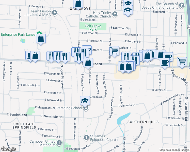 map of restaurants, bars, coffee shops, grocery stores, and more near 1923 South Saratoga Avenue in Springfield