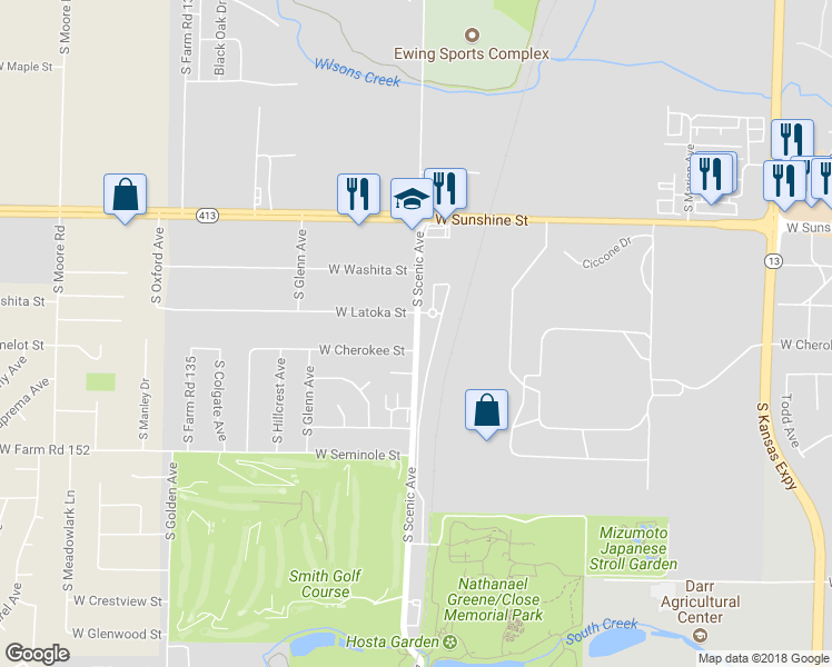 map of restaurants, bars, coffee shops, grocery stores, and more near 1981 South Farm Road 137 in Springfield