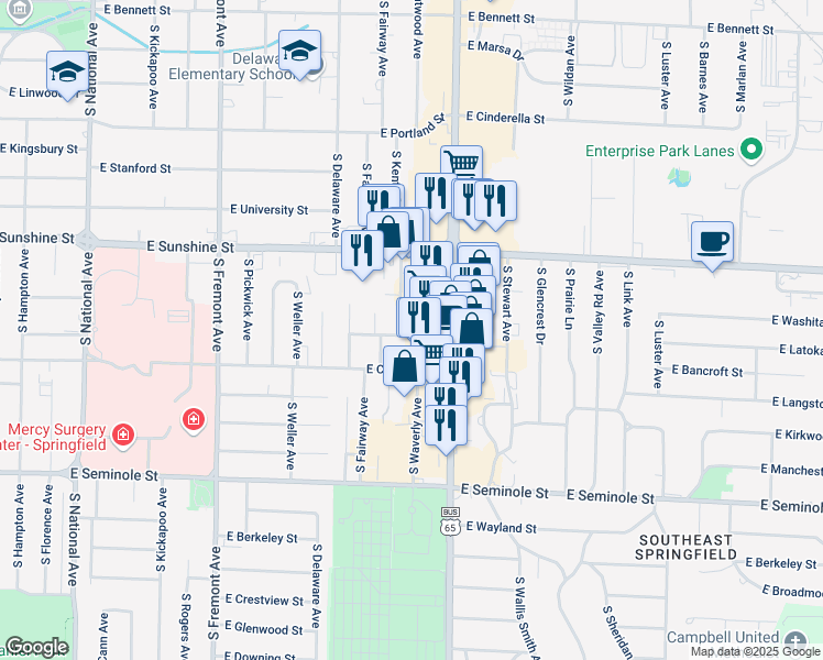 map of restaurants, bars, coffee shops, grocery stores, and more near 1711 East Latoka Street in Springfield