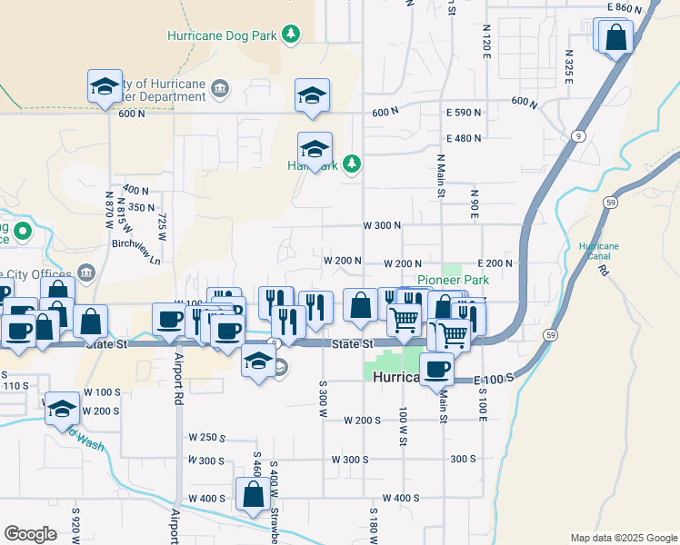 map of restaurants, bars, coffee shops, grocery stores, and more near 124 North 325 West in Hurricane