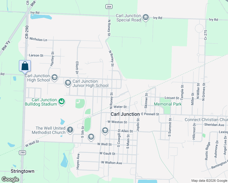 map of restaurants, bars, coffee shops, grocery stores, and more near 306 N Roney St in Carl Junction
