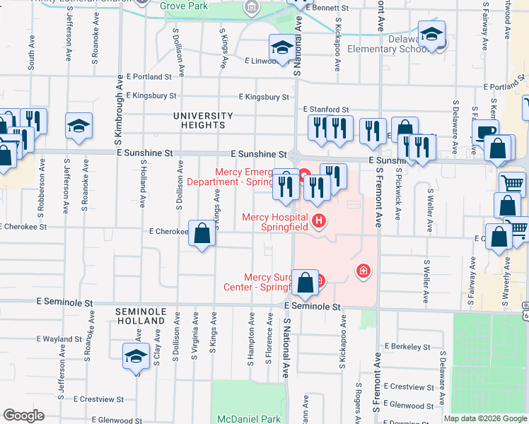 map of restaurants, bars, coffee shops, grocery stores, and more near 1102 East Latoka Street in Springfield