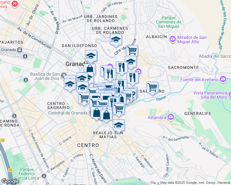 map of restaurants, bars, coffee shops, grocery stores, and more near 8 Placeta Sánchez in Granada