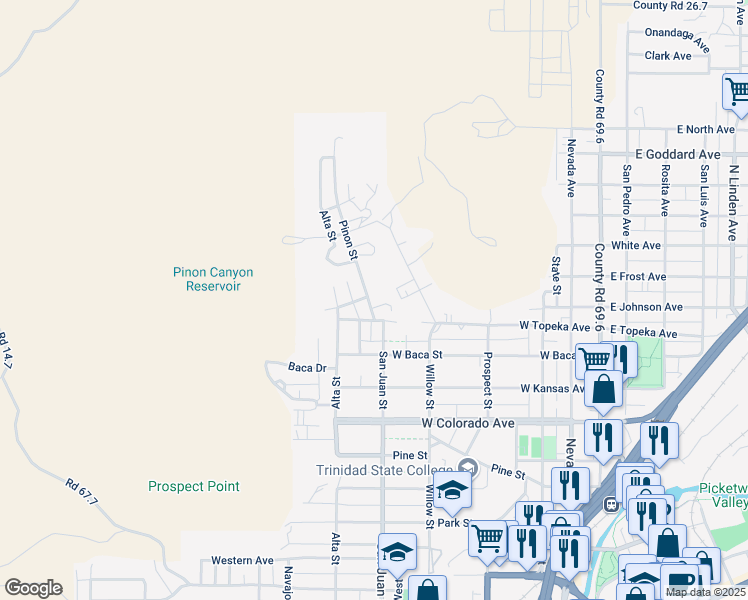 map of restaurants, bars, coffee shops, grocery stores, and more near 1700-1724 Pinon Street in Trinidad