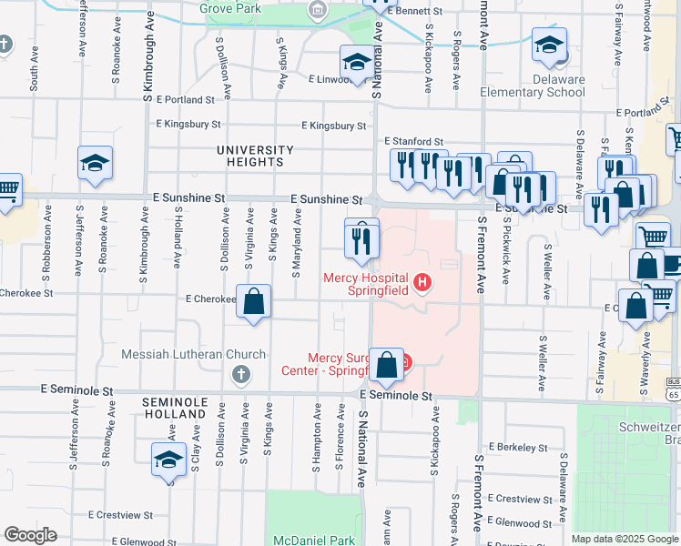 map of restaurants, bars, coffee shops, grocery stores, and more near 1955 South National Avenue in Springfield