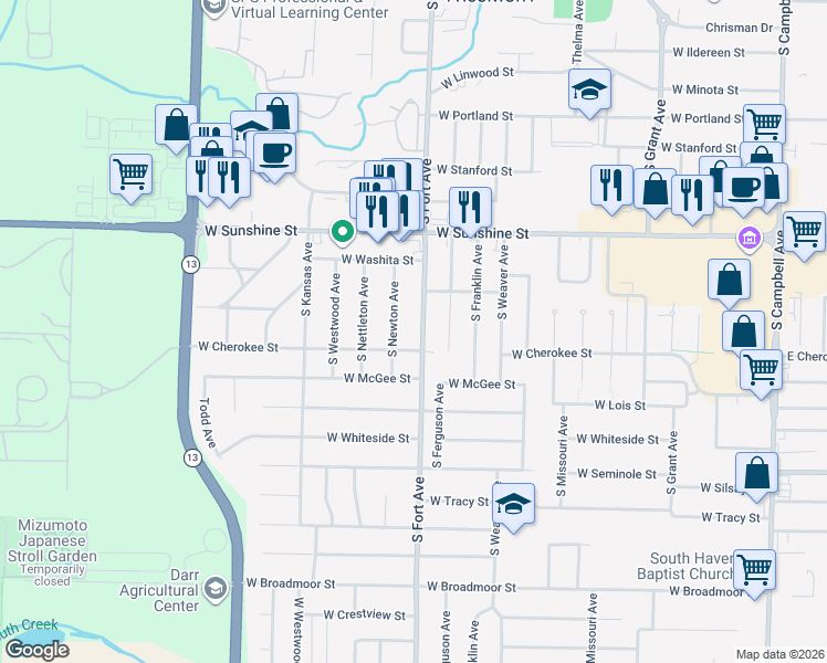 map of restaurants, bars, coffee shops, grocery stores, and more near 1963 South Fort Avenue in Springfield