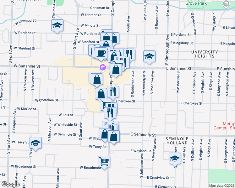 map of restaurants, bars, coffee shops, grocery stores, and more near 1931 South Avenue in Springfield