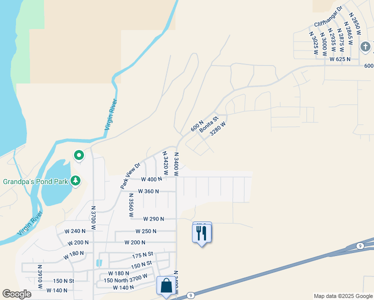 map of restaurants, bars, coffee shops, grocery stores, and more near 525 North 3380 West in Hurricane