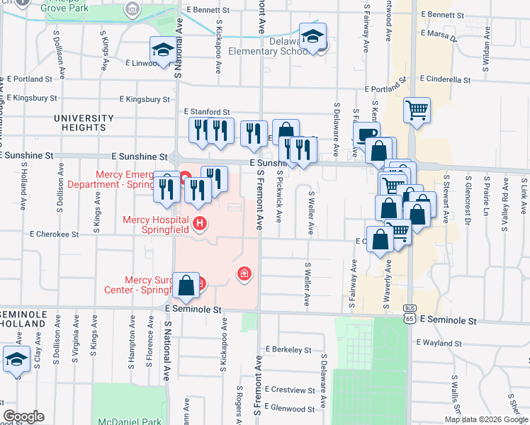 map of restaurants, bars, coffee shops, grocery stores, and more near 1940 South Fremont Avenue in Springfield