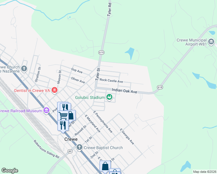 map of restaurants, bars, coffee shops, grocery stores, and more near 117 Indian Oak Avenue in Crewe