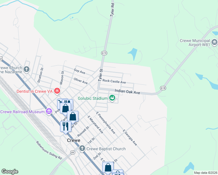 map of restaurants, bars, coffee shops, grocery stores, and more near 117 Indian Oak Avenue in Crewe