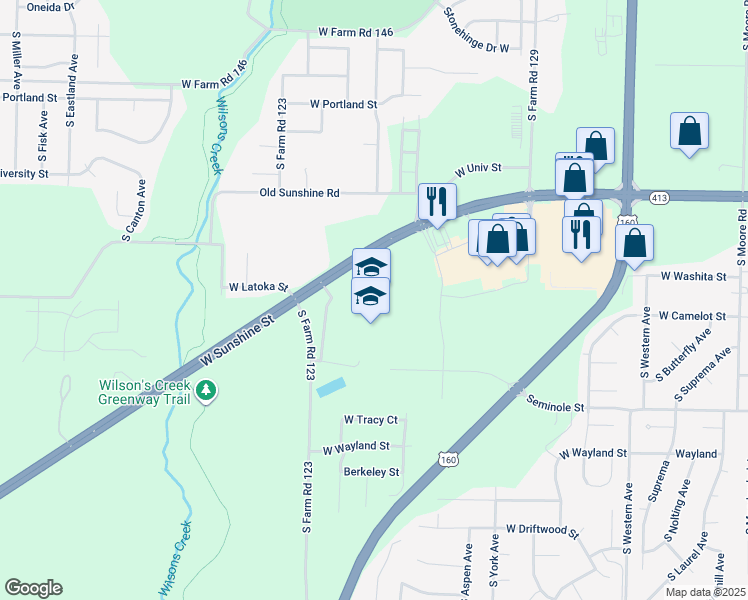 map of restaurants, bars, coffee shops, grocery stores, and more near 3990 West Sunshine Street in Springfield