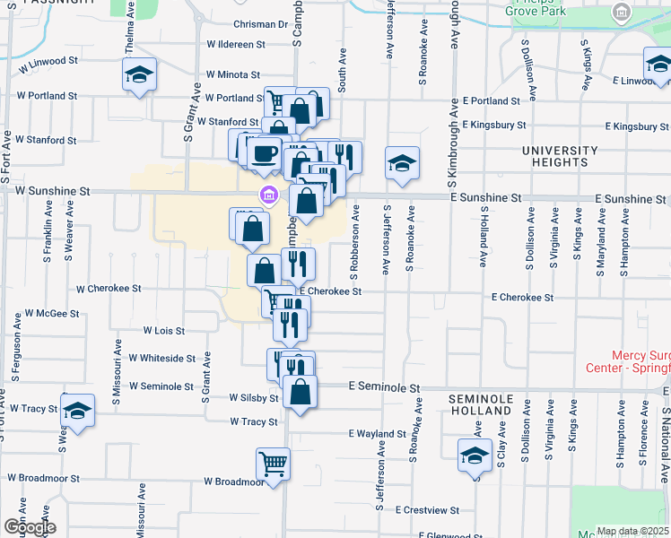 map of restaurants, bars, coffee shops, grocery stores, and more near 1941 South Robberson Avenue in Springfield