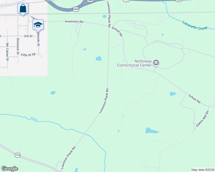 map of restaurants, bars, coffee shops, grocery stores, and more near 1031 Lewiston Plank Road in Burkeville