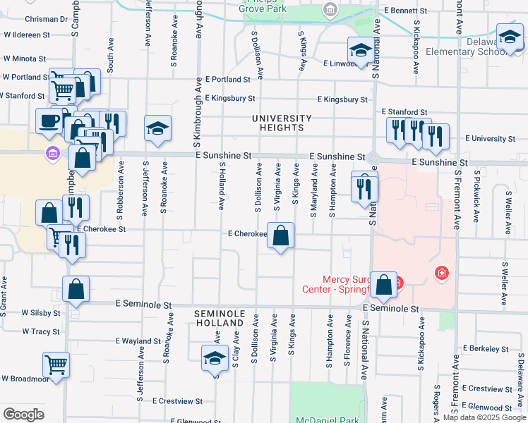 map of restaurants, bars, coffee shops, grocery stores, and more near 1954 South Dollison Avenue in Springfield