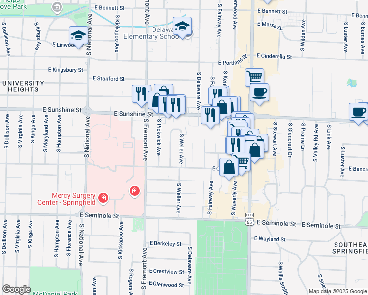 map of restaurants, bars, coffee shops, grocery stores, and more near 1914 South Weller Avenue in Springfield