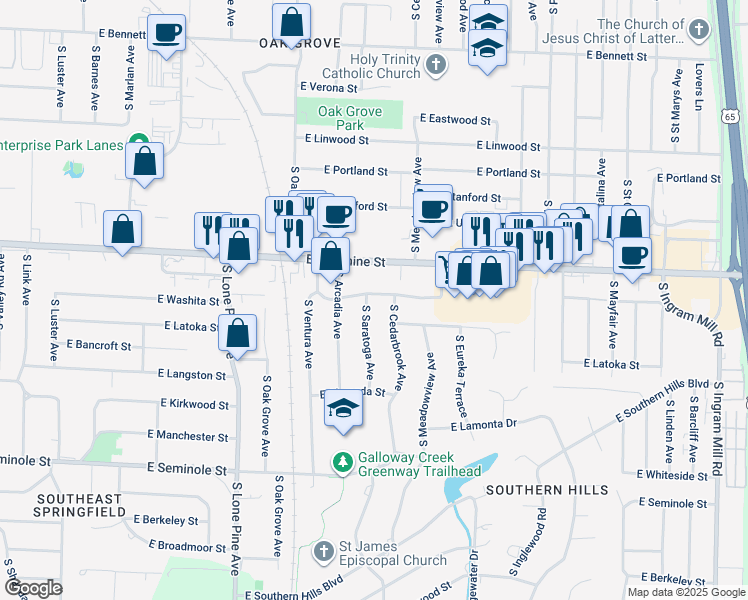 map of restaurants, bars, coffee shops, grocery stores, and more near 1923 South Cedarbrook Avenue in Springfield