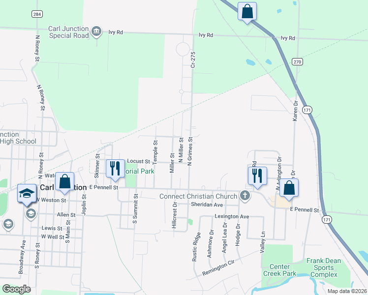 map of restaurants, bars, coffee shops, grocery stores, and more near in Carl Junction