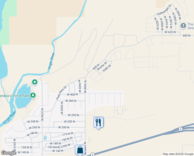 map of restaurants, bars, coffee shops, grocery stores, and more near 3369 West Palomar in Hurricane