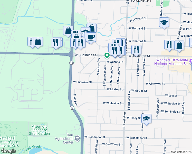 map of restaurants, bars, coffee shops, grocery stores, and more near 1947 South Kansas Avenue in Springfield