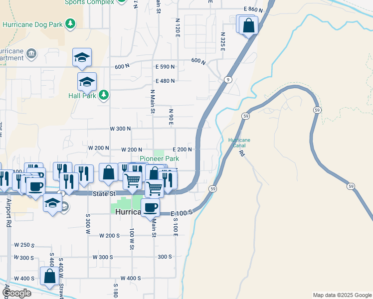 map of restaurants, bars, coffee shops, grocery stores, and more near North 160 East in Hurricane