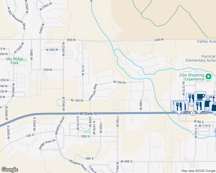map of restaurants, bars, coffee shops, grocery stores, and more near 1858 West 180 North in Hurricane