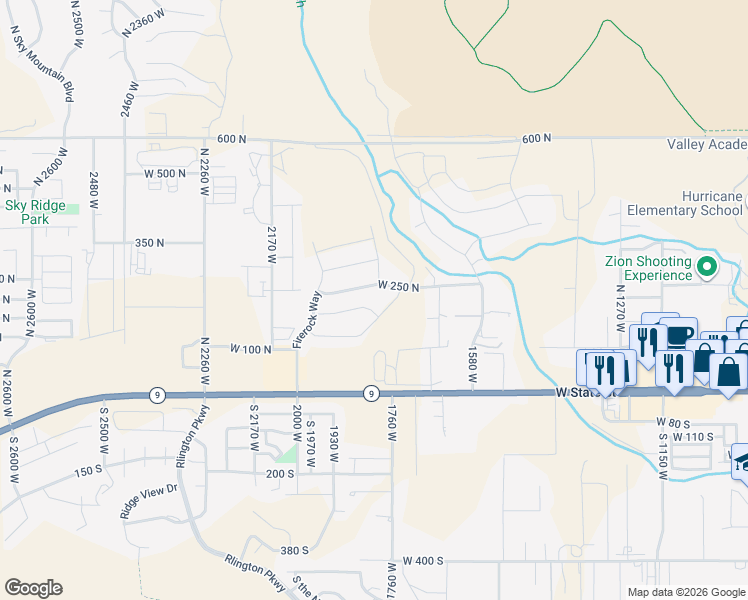 map of restaurants, bars, coffee shops, grocery stores, and more near 1838 West 180 North in Hurricane