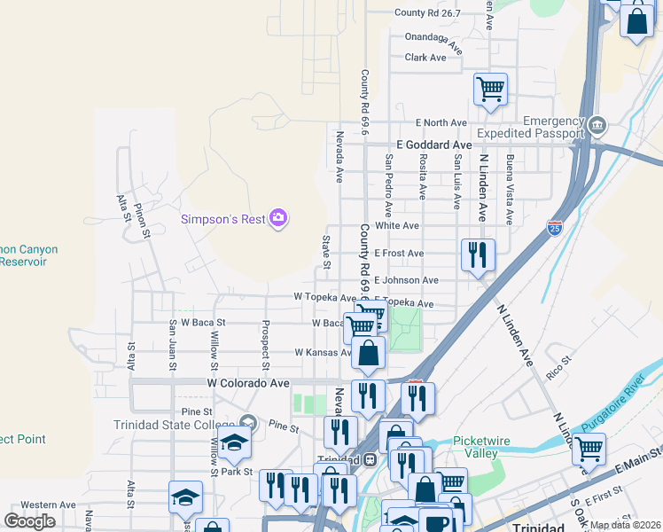 map of restaurants, bars, coffee shops, grocery stores, and more near 258-276 West Johnson Avenue in Trinidad