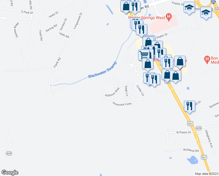 map of restaurants, bars, coffee shops, grocery stores, and more near 200 Addison Way in Petersburg