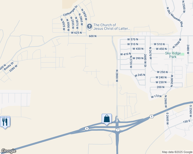 map of restaurants, bars, coffee shops, grocery stores, and more near North 2830 West in Hurricane