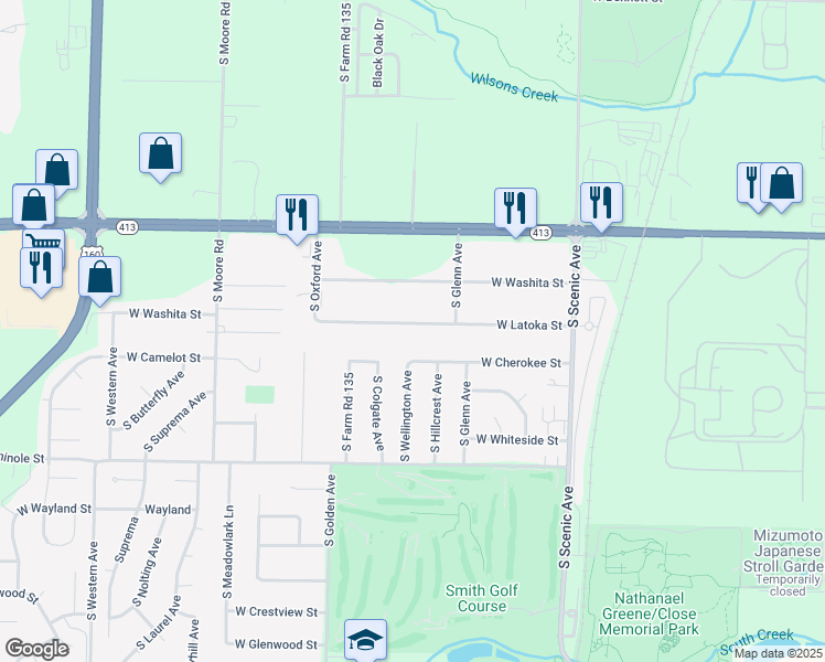 map of restaurants, bars, coffee shops, grocery stores, and more near 2933 West Cherokee Street in Springfield