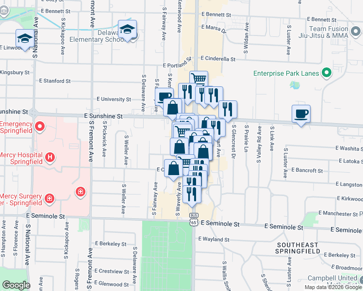 map of restaurants, bars, coffee shops, grocery stores, and more near 1711 East Latoka Street in Springfield