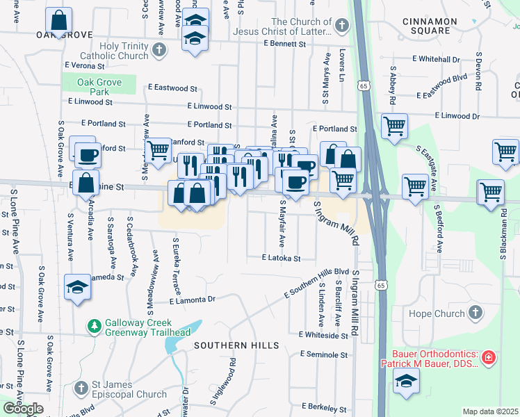 map of restaurants, bars, coffee shops, grocery stores, and more near 1850 South Sieger Drive in Springfield
