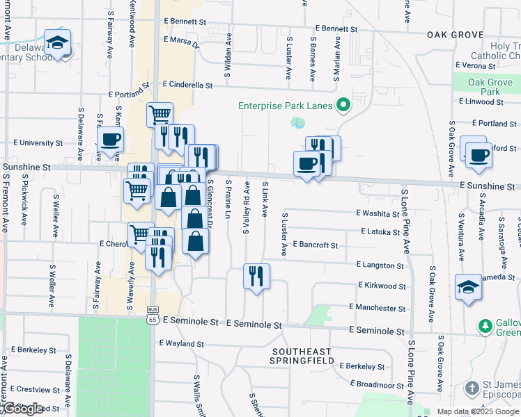 map of restaurants, bars, coffee shops, grocery stores, and more near 1924 South Valley Road Avenue in Springfield