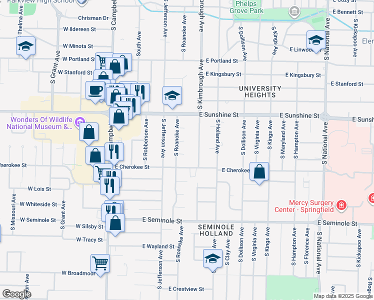 map of restaurants, bars, coffee shops, grocery stores, and more near 1943 South Kimbrough Avenue in Springfield