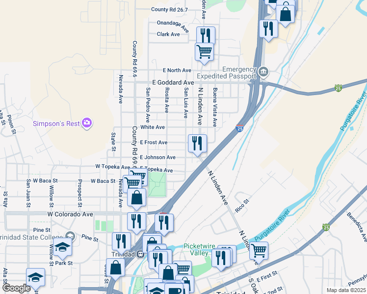 map of restaurants, bars, coffee shops, grocery stores, and more near 325 East Frost Avenue in Trinidad