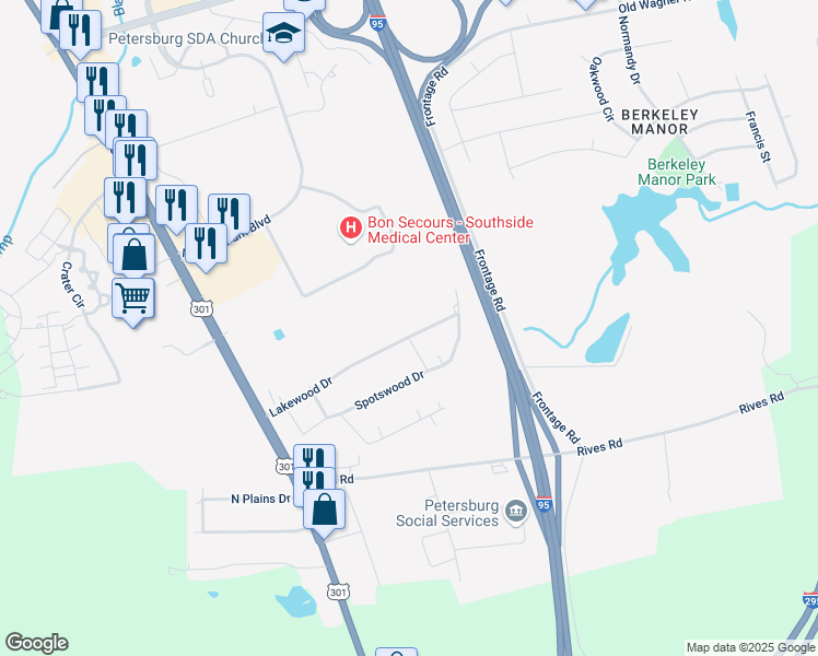 map of restaurants, bars, coffee shops, grocery stores, and more near 313 Lakewood Drive in Petersburg