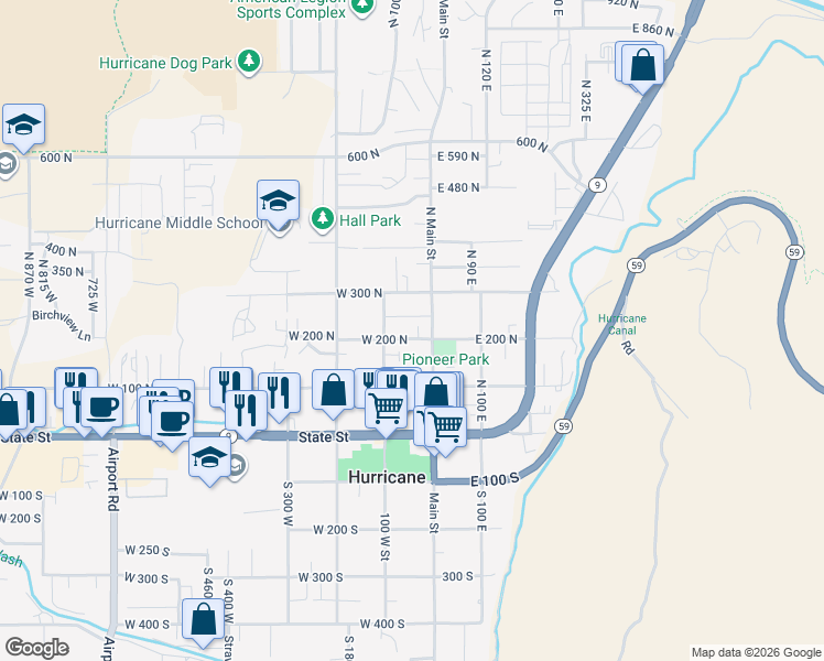 map of restaurants, bars, coffee shops, grocery stores, and more near 205 North 35 West in Hurricane