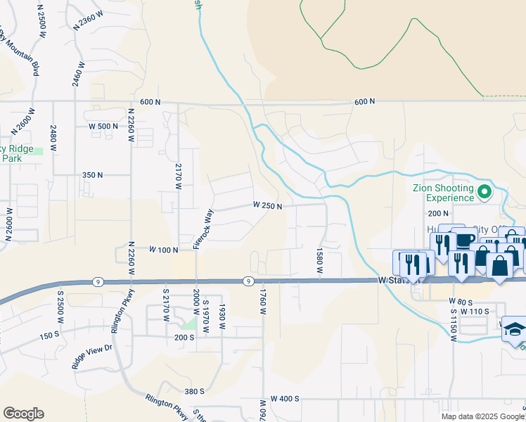 map of restaurants, bars, coffee shops, grocery stores, and more near 1753 West 250 North in Hurricane