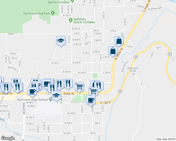 map of restaurants, bars, coffee shops, grocery stores, and more near 205 North 35 West in Hurricane