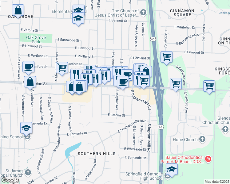map of restaurants, bars, coffee shops, grocery stores, and more near 3184 East Sunshine Street in Springfield