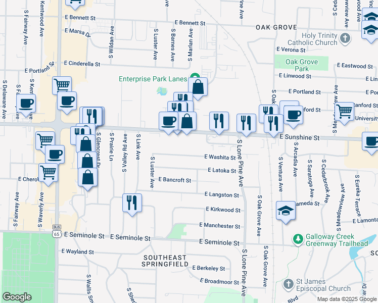 map of restaurants, bars, coffee shops, grocery stores, and more near 2200 East Sunshine Street in Springfield