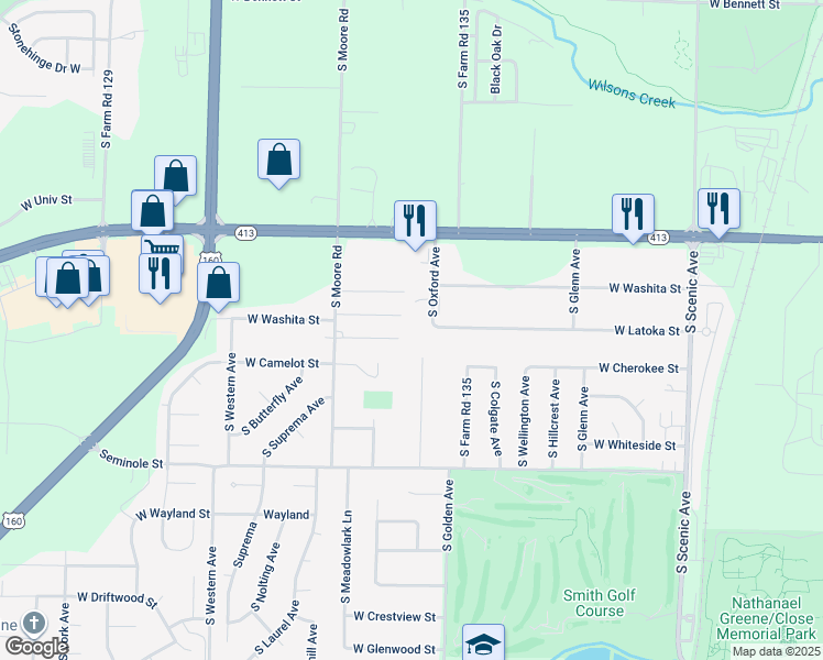 map of restaurants, bars, coffee shops, grocery stores, and more near 1921 South Oxford Avenue in Springfield
