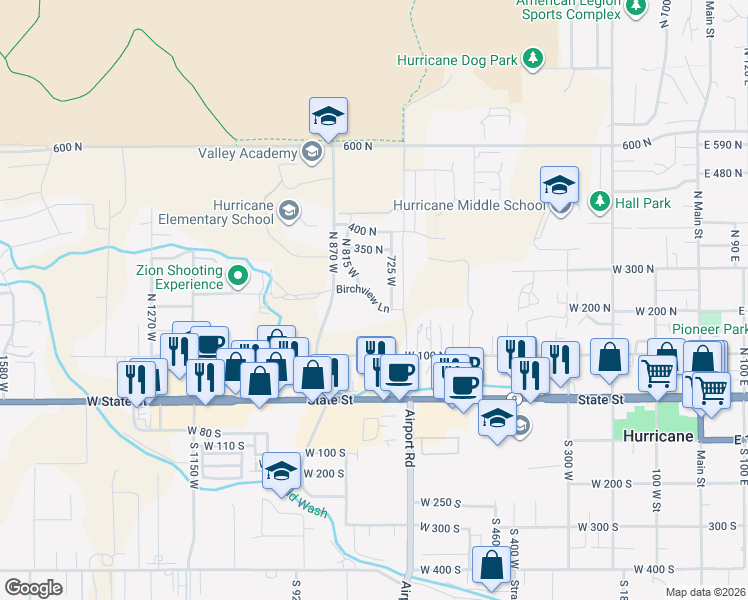map of restaurants, bars, coffee shops, grocery stores, and more near 755 Birchview Lane in Hurricane
