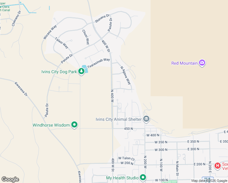 map of restaurants, bars, coffee shops, grocery stores, and more near 112 North Yucca Court in Ivins