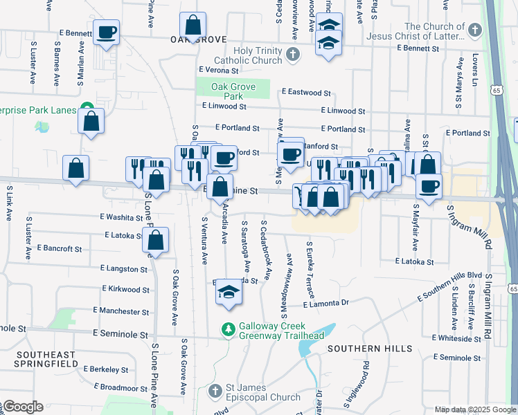 map of restaurants, bars, coffee shops, grocery stores, and more near 2750 East State Highway D in Springfield