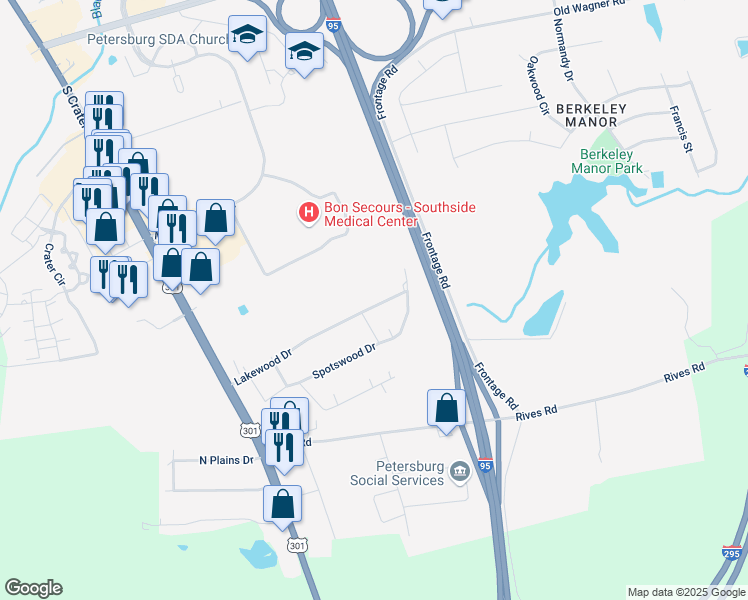 map of restaurants, bars, coffee shops, grocery stores, and more near 313 Lakewood Drive in Petersburg