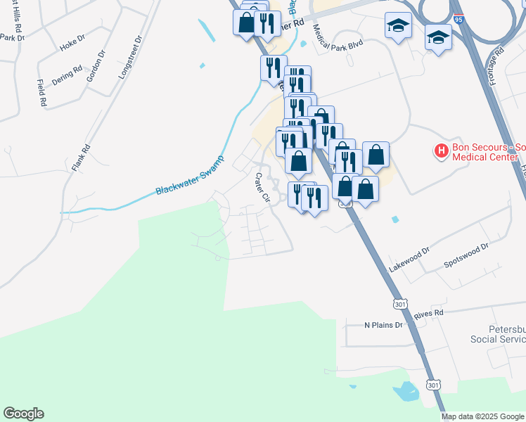 map of restaurants, bars, coffee shops, grocery stores, and more near 201 Crater Circle in Petersburg