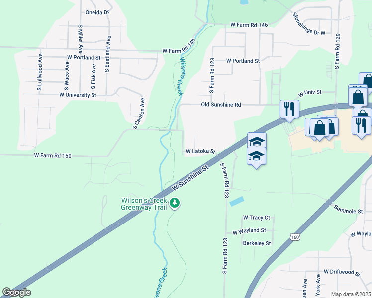 map of restaurants, bars, coffee shops, grocery stores, and more near 1950 South Farm Road 123 in Springfield