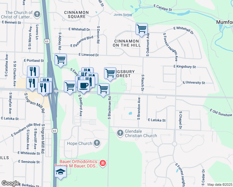 map of restaurants, bars, coffee shops, grocery stores, and more near 3827 East Sunshine Street in Springfield